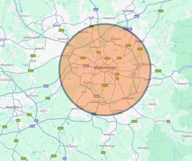 Map showing the radius area of locations covered in Manchester by Ears Care